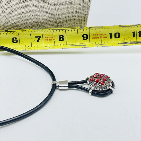 Red Rhinestone Pendant Necklace Silver Tone Black Faux Leather Cord Boho Classic - Picture 6 of 7